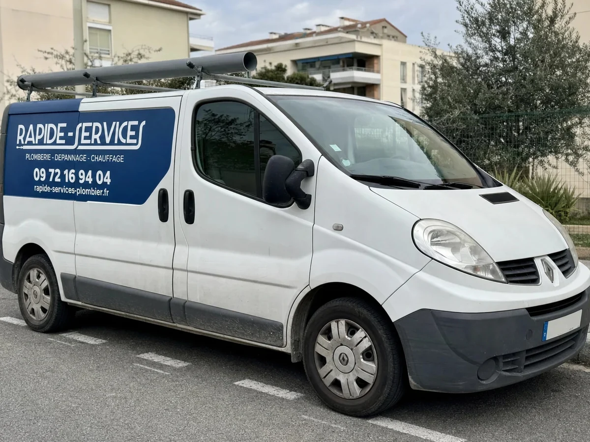 Fourgon Rapide Services aux couleurs de l'entreprise, garé dans une rue des Alpes-Maritimes