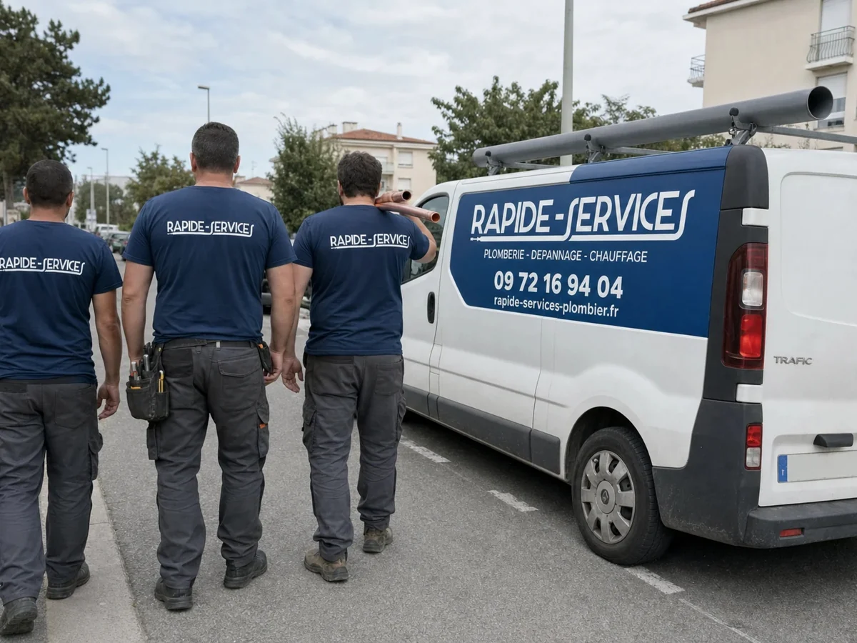 Trois plombiers Rapide Services en tee-shirt floqué, devant le fourgon d'intervention